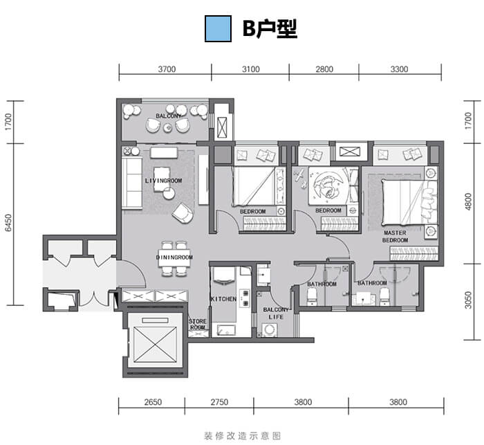 云瑶玉陛陛川B户型，套内86㎡